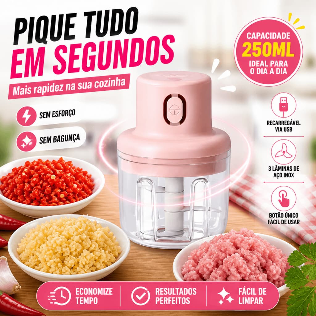 Mini Processador Triturador Elétrico USB 250ml Recarregável 3 Lâminas Inox Alho Temperos Cebola