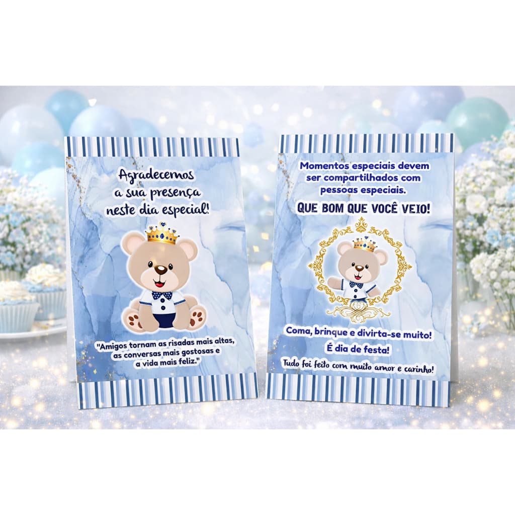 12 a 36 Plaquinha Centro de Mesa URSINHO PRÍNCIPE AZUL Chá de Bebê Aniversário p/ Agradecimento Não é Personalizado