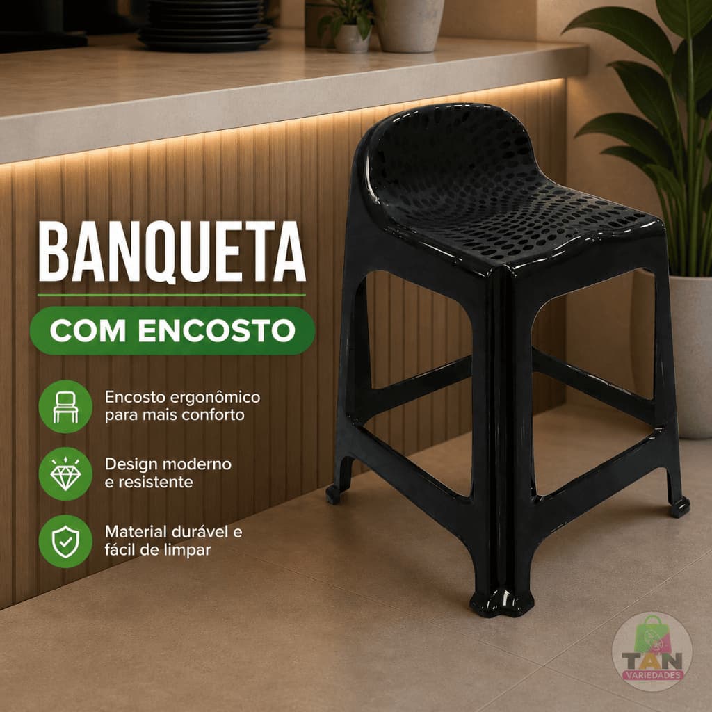 Banqueta Com Encosto Plático Preta Bar Cozinha Area Lazer Varanda Arqplast