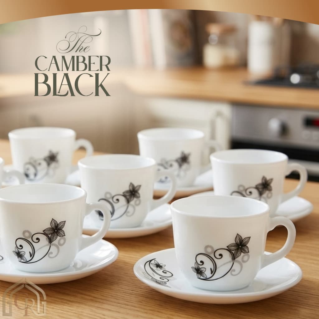 Jogo 6 Xícaras De Chá e café com pires Camber Black Vidro Opalino porcelana 220ml 12 Peças Presente