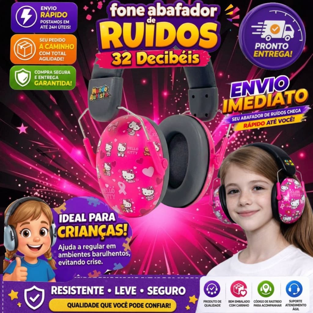 Abafador Kitty 32DB Autismo Infantil  Fone Protetor de Som Ouvido Auricular Ruido Confortavel Tea
