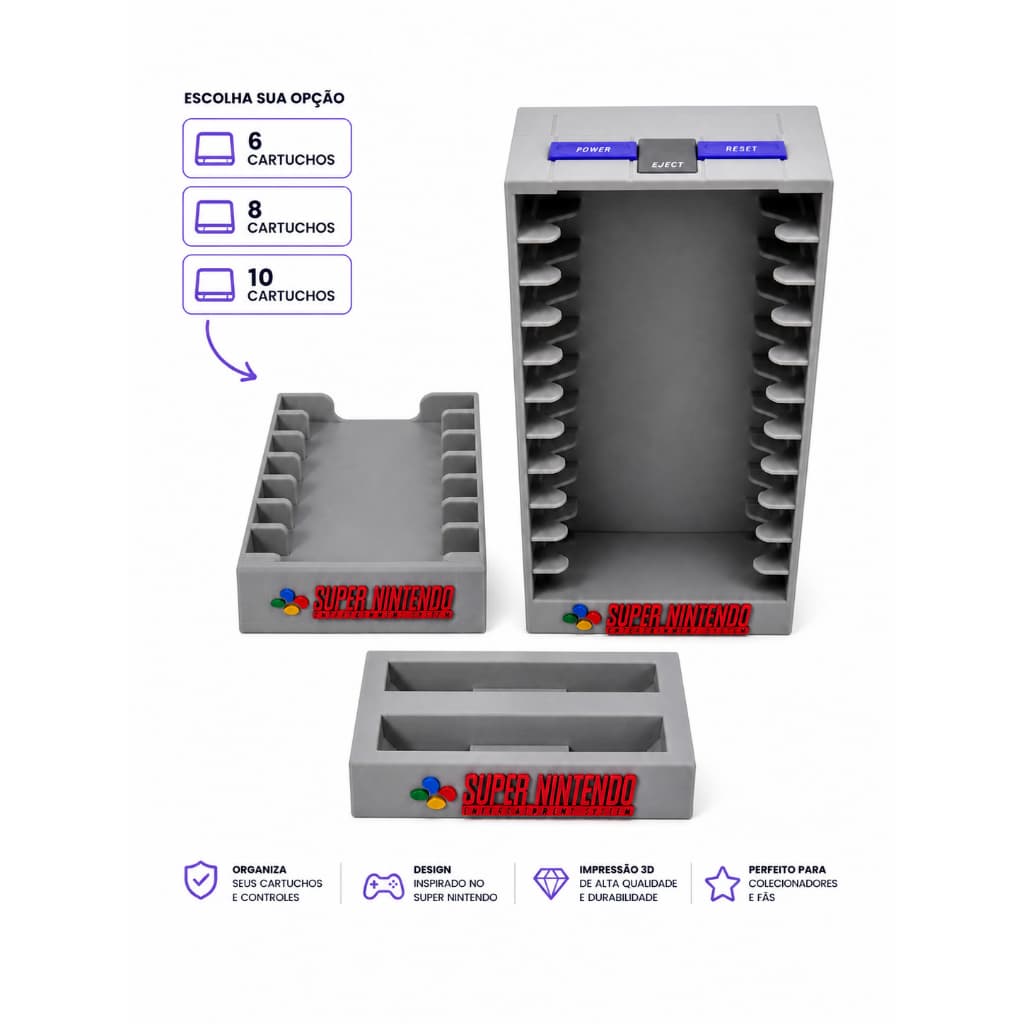 Suporte Controle + Porta Fitas Super Nintendo SNES | Organizador Gamer 6, 8 ou 10 Jogos | Exclusivo