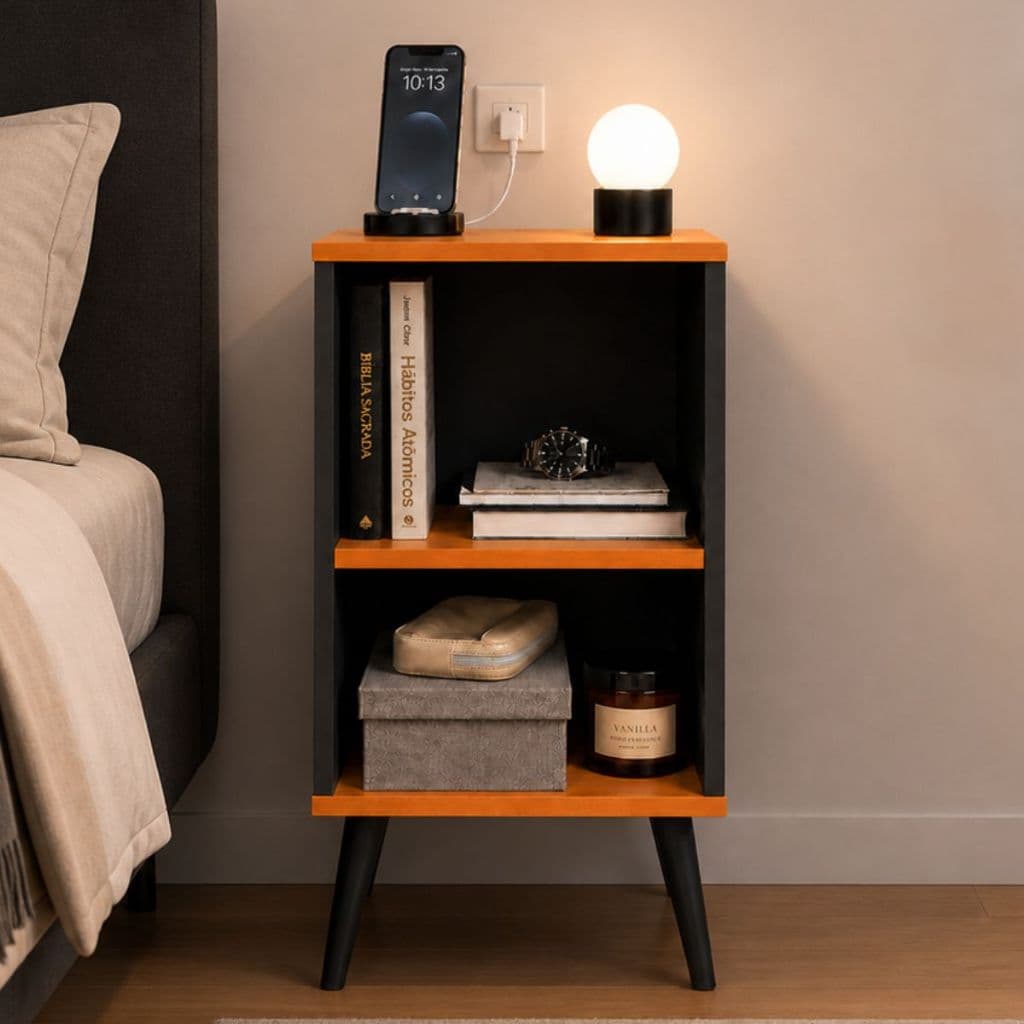 Mesa de Cabeceira Retrô com Nicho Prateleira Porta Celular para Quarto Compacta Charme