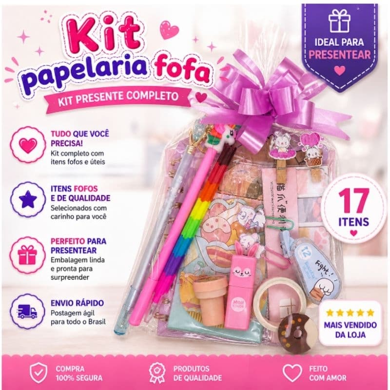 kit papelaria fofa | Presente menina | Kawaii | Caneta | Lapiseira| Caderno | Post it | Borracha | Adesivo | washi tape