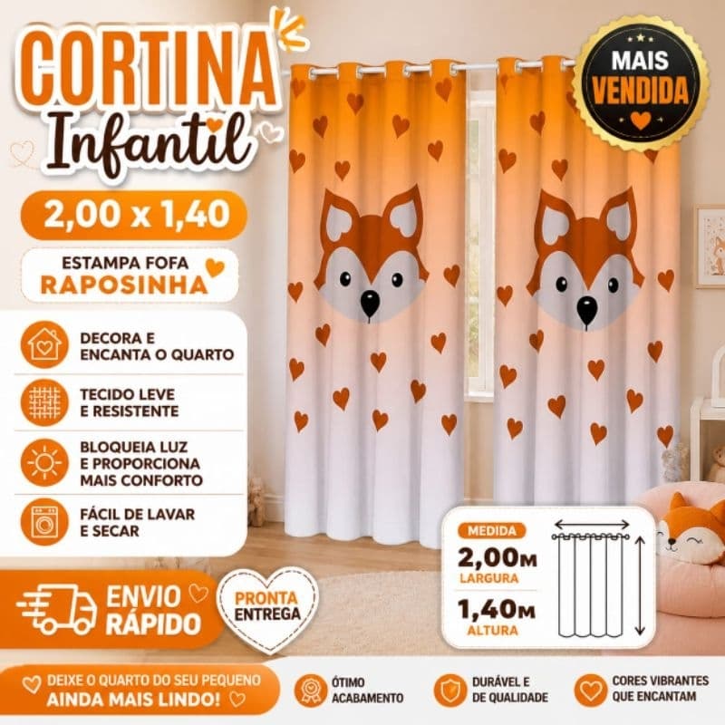 Cortina Infantil Raposa Quarto 2,00 m x 1,40 m Estampada Menina