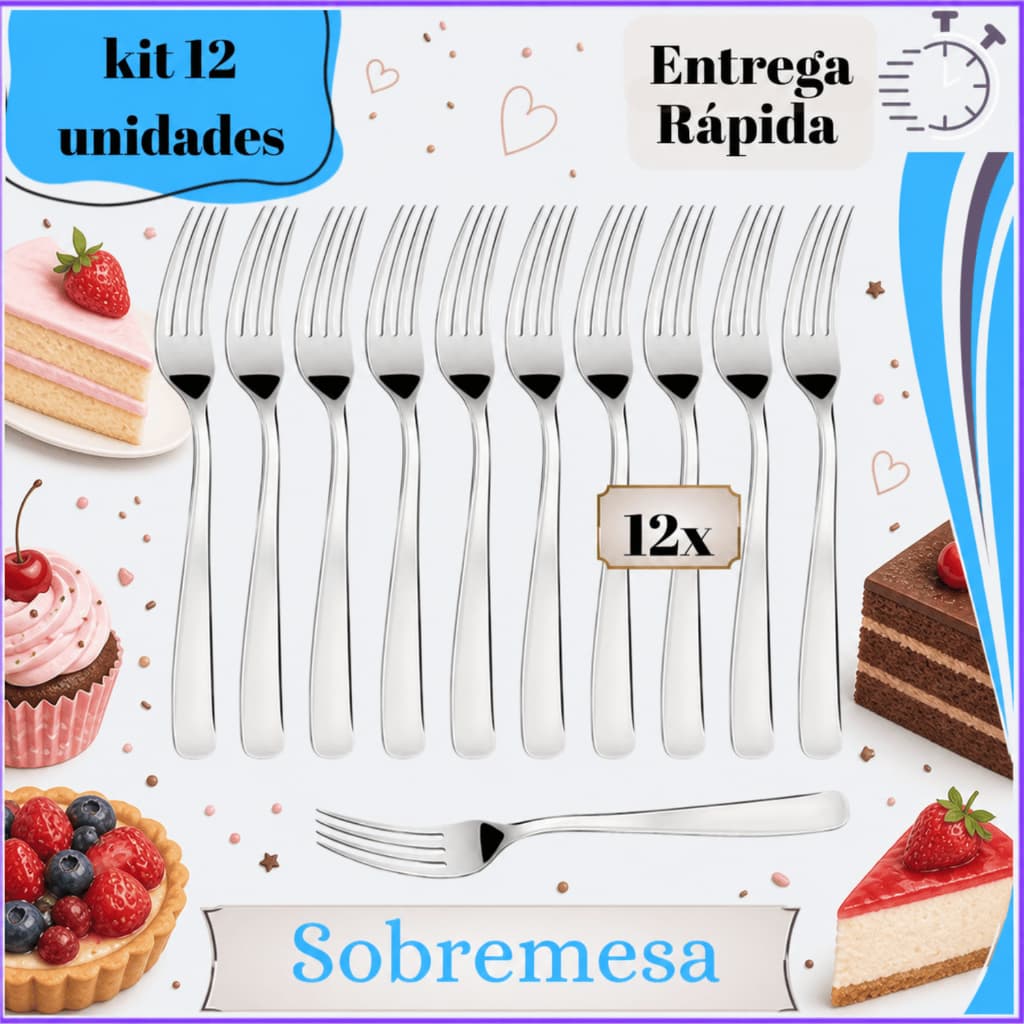 Kits Garfos Sobremesa Inox 12 Peças Talheres Resistentes Brilho Espelho Restaurantes Buffet Top Luxo