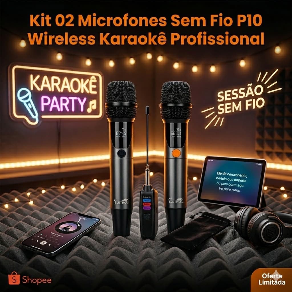 Kit 02 Microfones Sem Fio P10 Wireless Karaokê Profissional Eletromex EL-5022