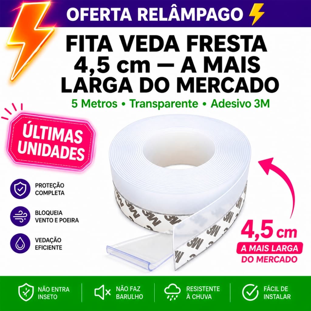 🛡️ Fita Veda Fresta Porta Janela PVC Transparente 5m 4,5cm Adesivo Anti Inseto Barata Rato Chuva