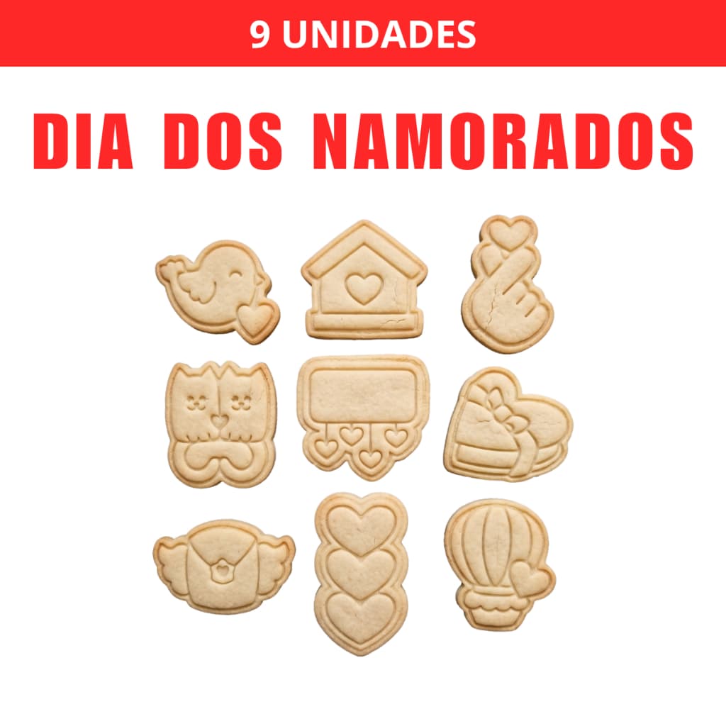 Kit 9 Cortadores e Carimbos de Biscoito Dia dos Namorados Amor com Puxador
