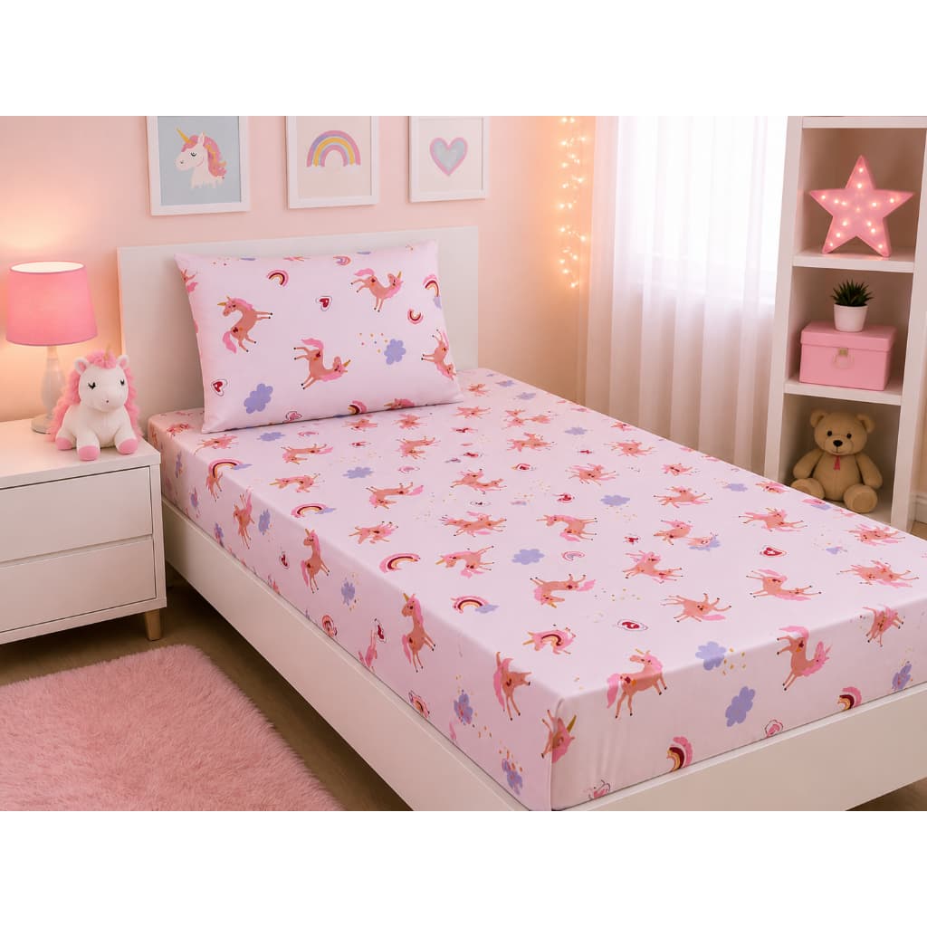 Jogo de Cama Infantil Solteiro Unicórnio 2 Peças – Lençol com Elástico + Fronha, Toque Macio, Ideal para Quarto de Menin