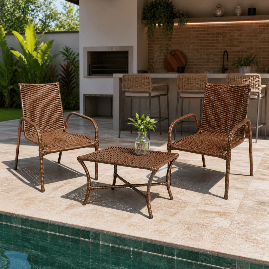 Kit 2 Cadeiras Junco Mesa Centro Cor Marrom Amêndoa Área Gourmet Varanda Jardim Piscina Resistente