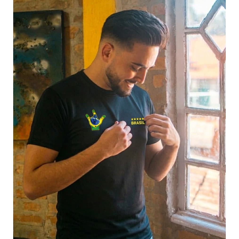 BRASIL CAMISETA PRETA BÁSICA TOQUE FRESCO DURÁVEL NÃO AMASSA POLIÉSTER VISCOSE HOMEM MULHER UNISSEX ADULTO DIÁRIO ESTILO