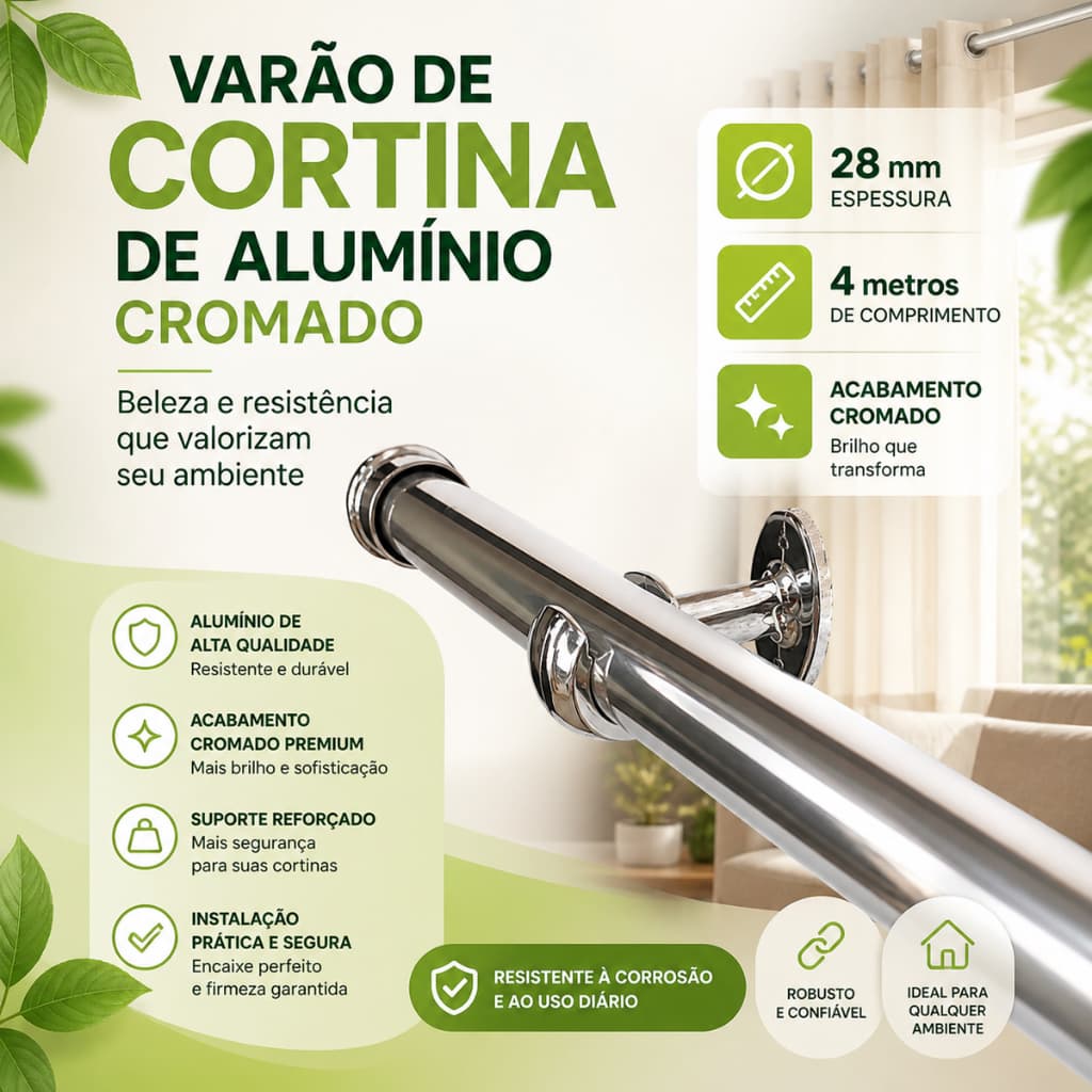 Varão De Cortina 28mm (grosso) Com 4 Metros Cromado Alumínio