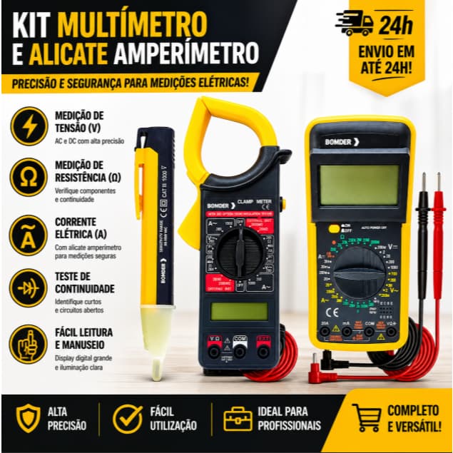 Kit 3 em 1 Multímetro Digital Com Caneta Tensão e Alicate Amperímetro