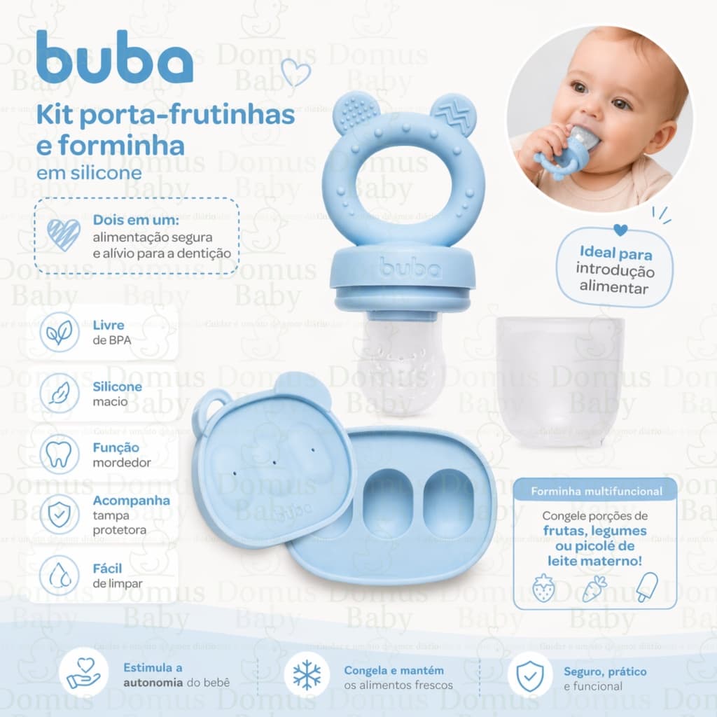 Kit Buba Original Porta Frutinhas + Forminha Silicone Introdução Alimentar Bebê