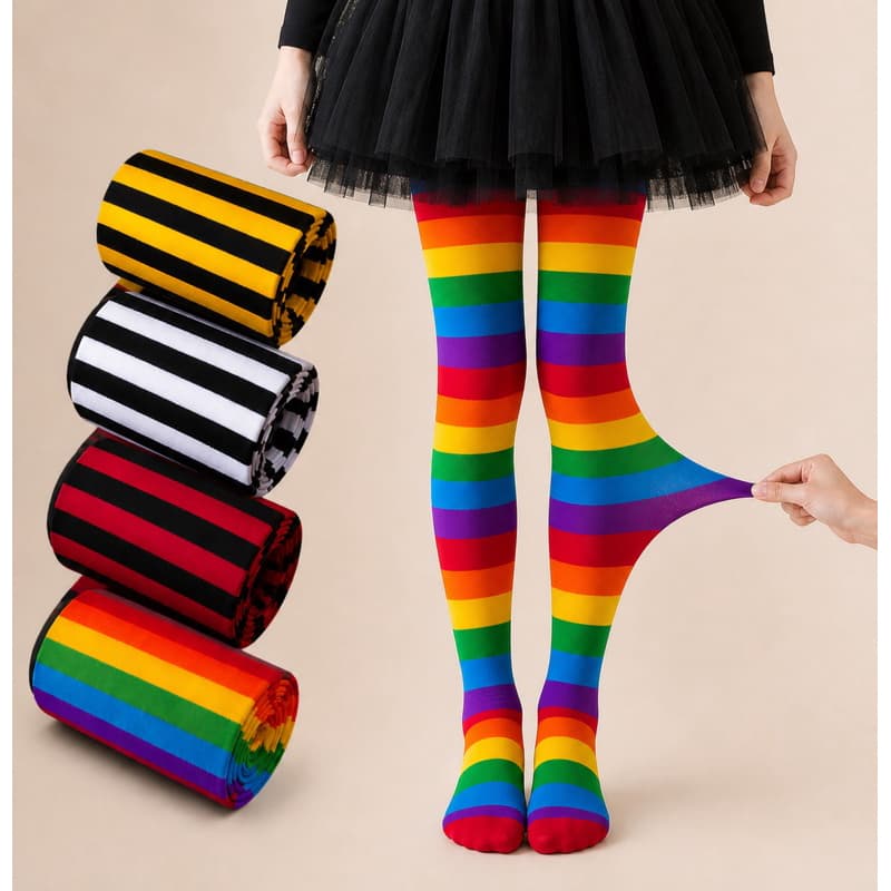 Meia Calça Infantil Listrada Base Primavera/Outono/Colorida Arco Iris