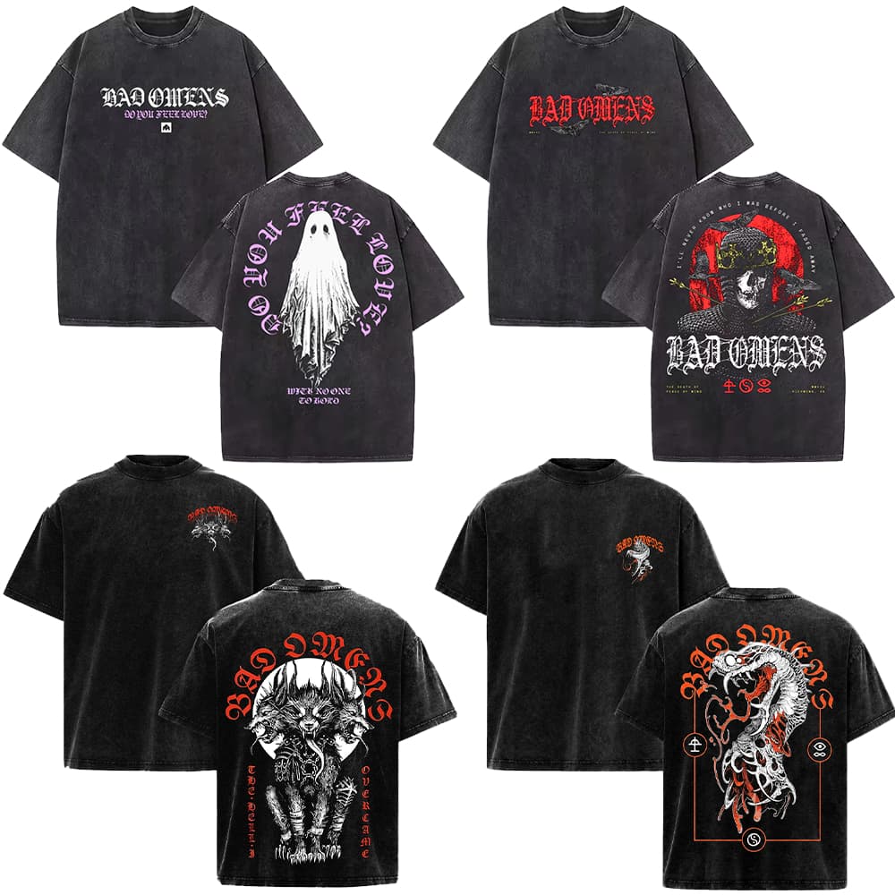 Camiseta Estonada Vintage Algodão Bad Omens Banda Metal Rock World Tour Festival Música Streetwear