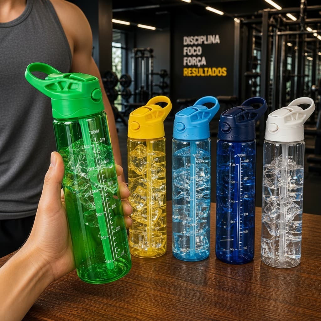 Garrafa Squeeze 700ml C/ Canudo Bico Flip Marcação de ML Trava de Segurança e Alça BPA Free Academia