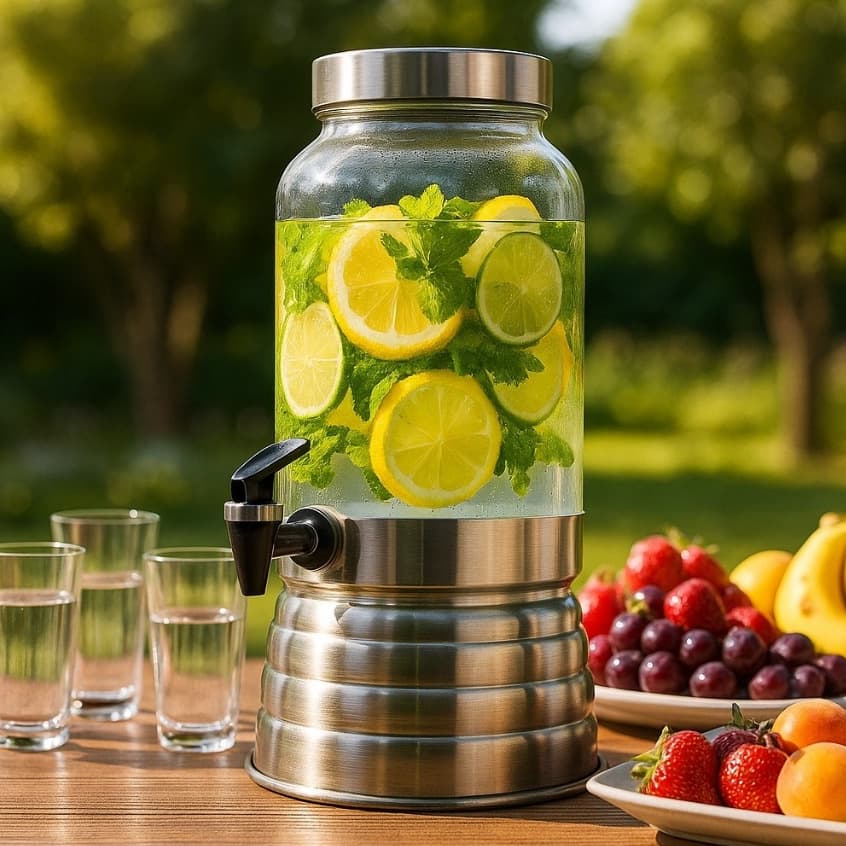 Suqueira 3 Litros Polida em Alumínio e Vidro, Ideal para Suco, Bebidas e Eventos