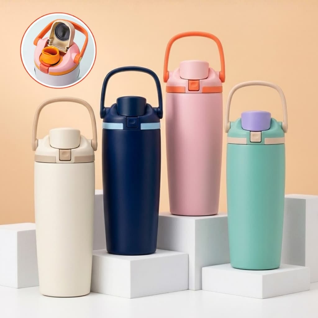 Garrafa Termica Premium Com Alca 900ml Duravel Portatil Bebidas Quentes Frias Academia Cor Sortida
