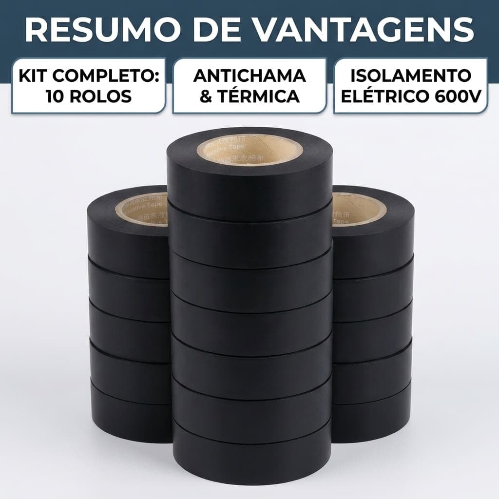 Fita Isolante Preta Antichama 9 Metros - Rolo PVC 600V para Fios e Cabos Elétricos (1 a 10 Unidades)