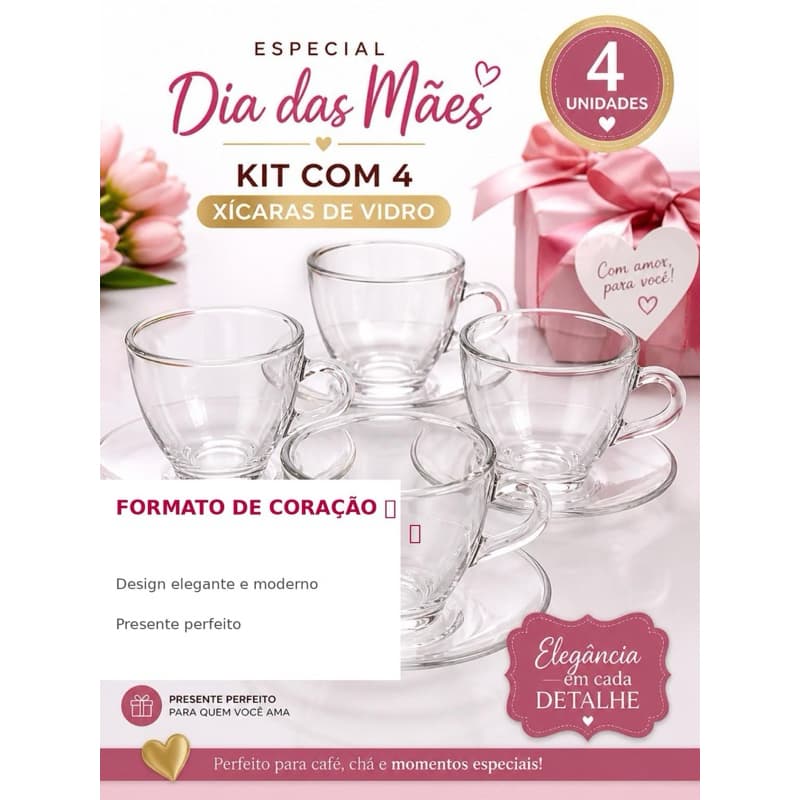 3 Xícara de Vidro com Pires Formato Coração 50ML Com Embalagem Individual