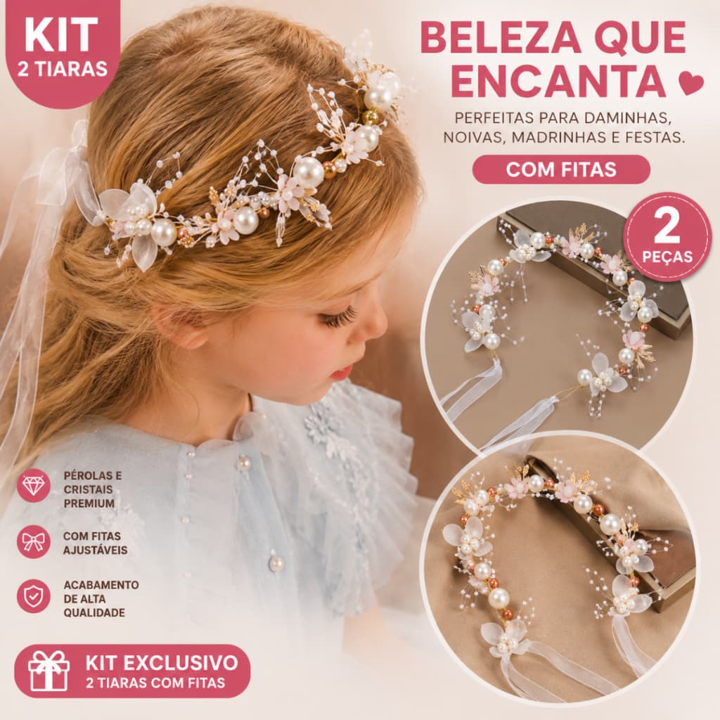 Kit 2 Tiaras Daminha Flores e Pérolas - Acessório para Daminha Enfeite Head Band Rosa
