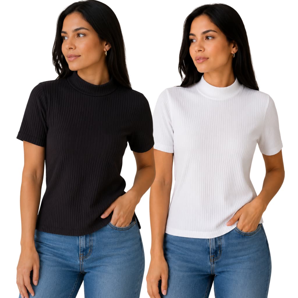 KIT 2 PEÇAS BLUSA CANELADA BASICA BABY LOOK FEMININA ELEGANTE DIA A DIA GOLA ALTA ESTILOSA PREMIUM