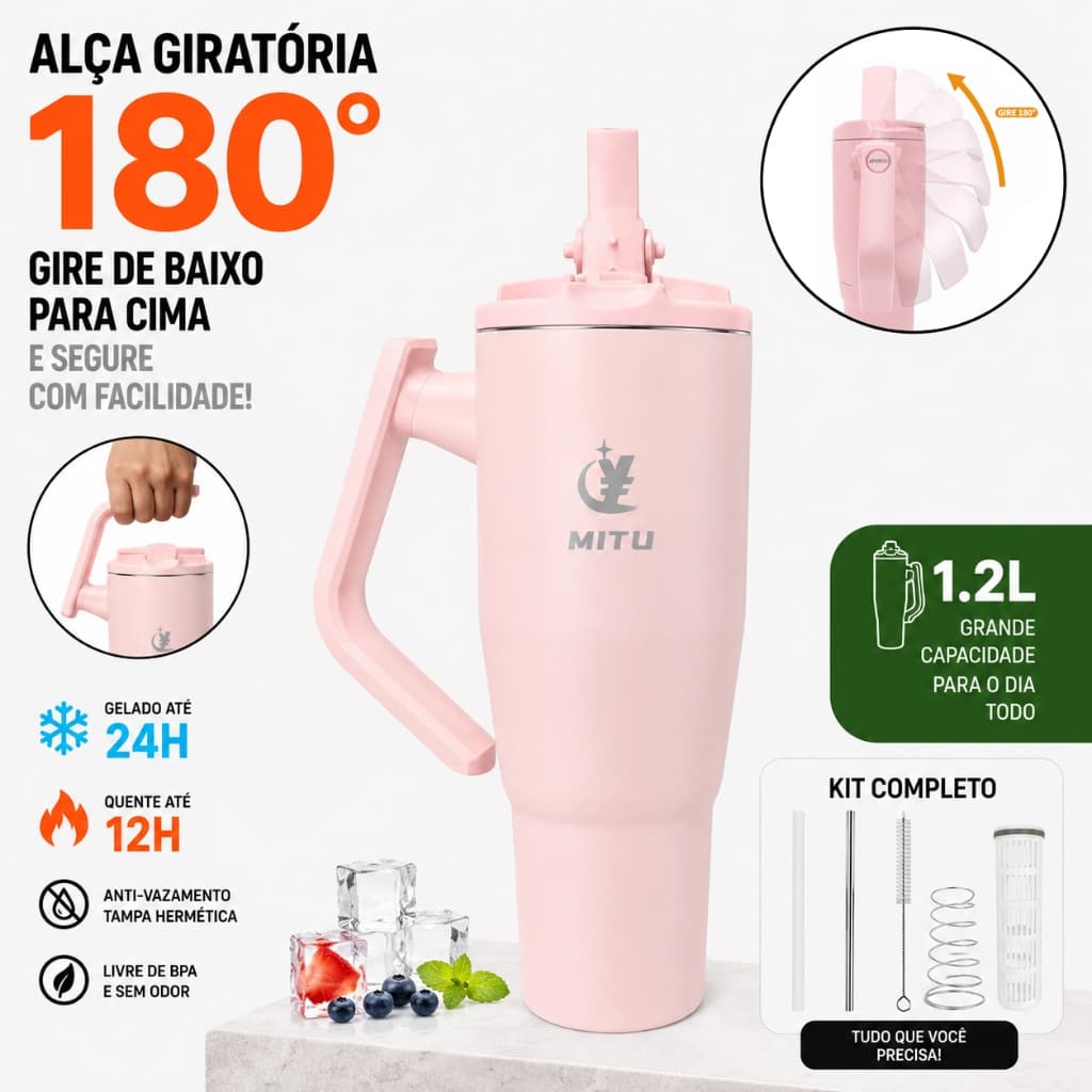 Copo Térmico 1.2L Inox com Alça e Canudo - Garrafa Premium de Grande Capacidade Estilo Moderno