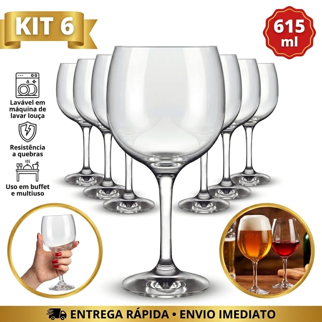 Jogo 06 Taças Vinho de Vidro Royal Gran  615ml transparente Restaurante Buffet