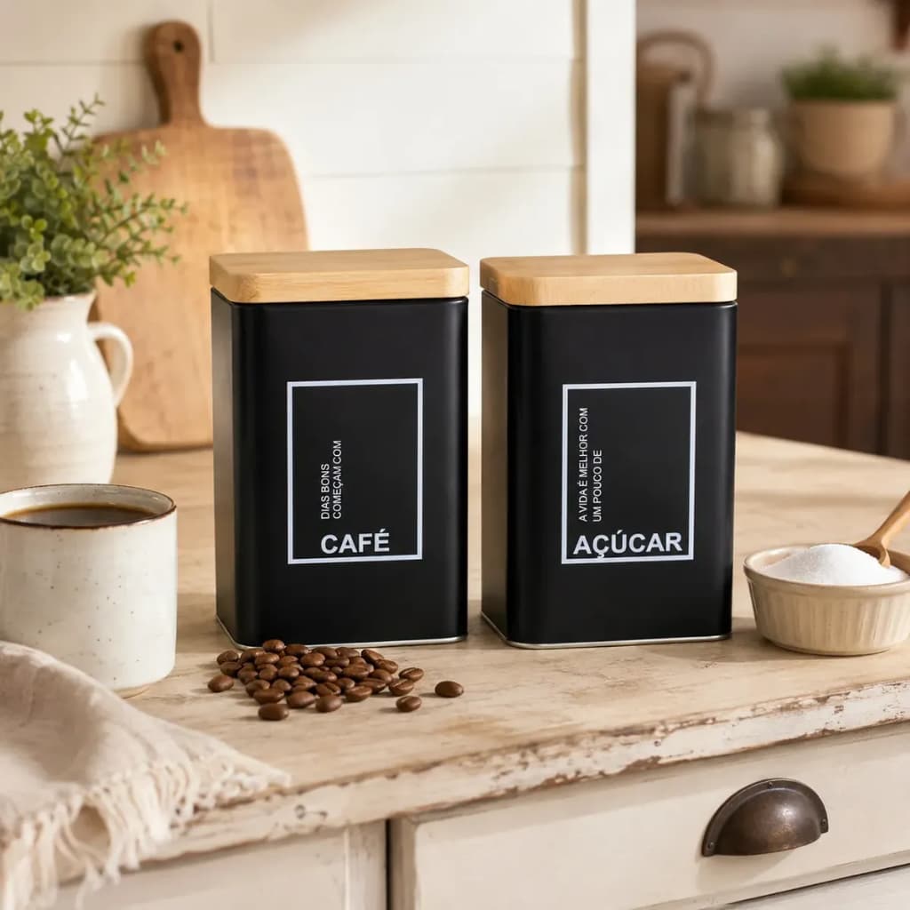 Kit 2 Latas Em Metal Para Mantimentos Cafe E Acucar Cantinho Preto Porta Mantimento Açúcar E Café