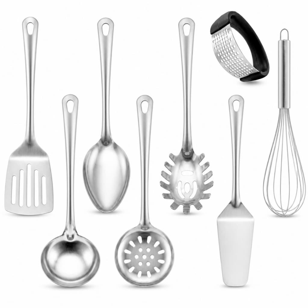 Kit Utensílios 100% Inox De Cozinha Escumadeira Concha Espátula Pegador Massa Colher Arroz