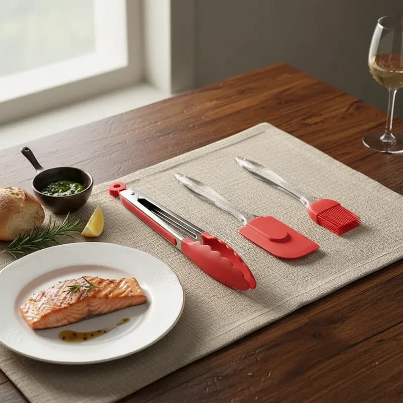 Kit Culinário 3 Peças Silicone Pegador Espátula Pincel Color