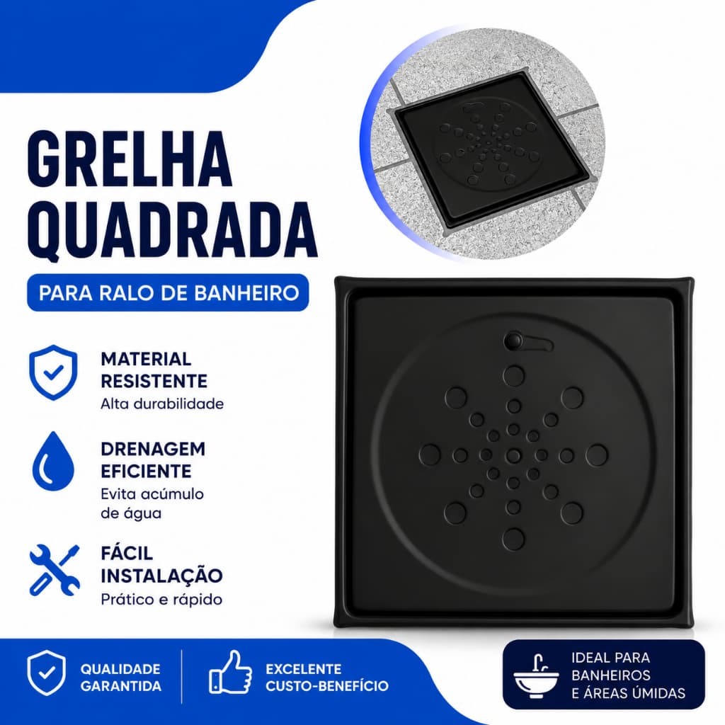 Ralo Grelha Quadrado  Black 15x15 Anti Odor Abre e Fecha Para Banheiro ou Area Gourmet Com Caixilho