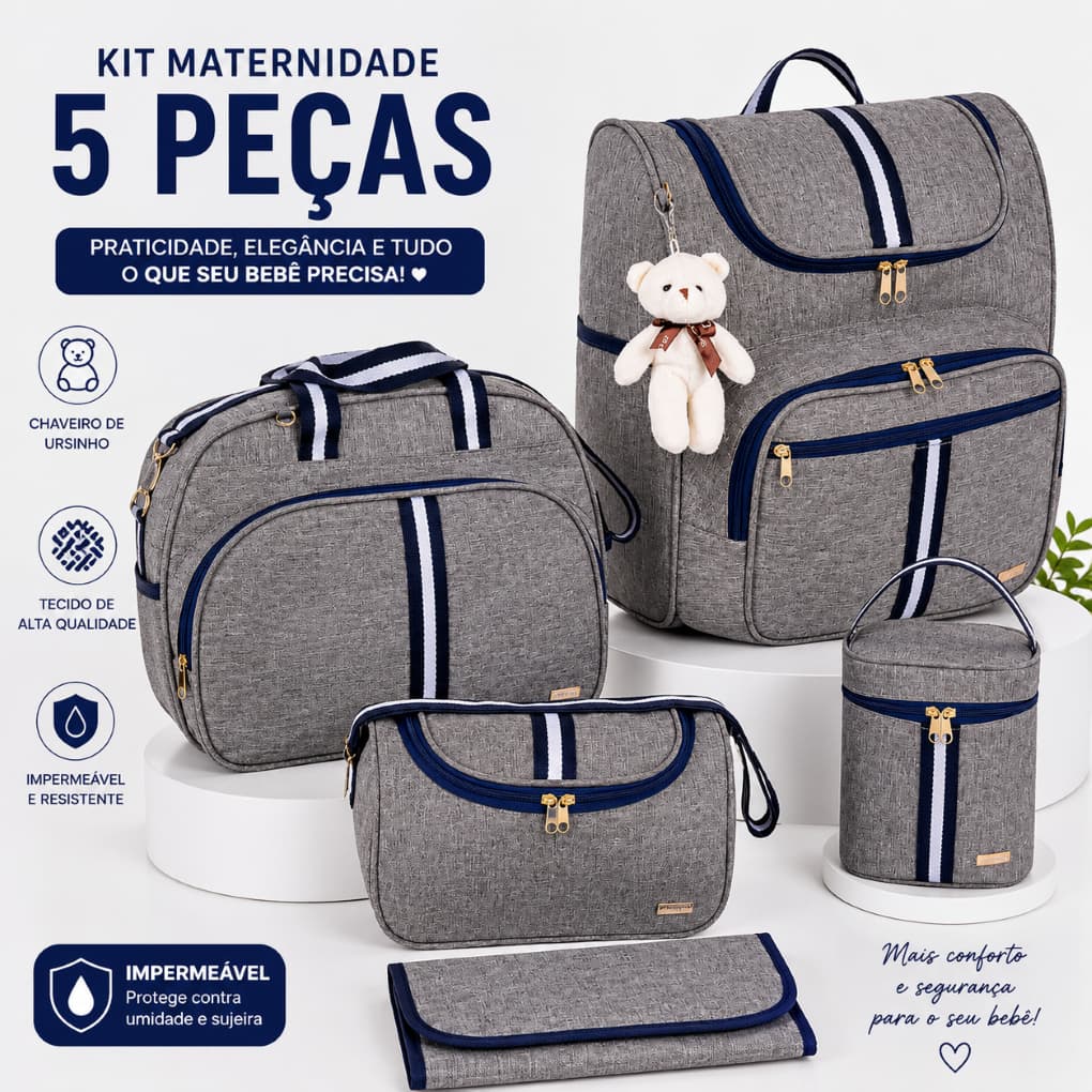 Kit Bolsa Maternidade 5 Peças com Mochila 2 em 1 Porta Mamadeira Térmico AMOR