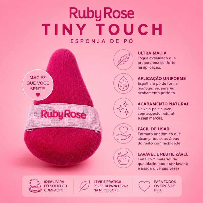 Esponja Puff Ruby Rose Tiny Touch Rosa Ultra Macia Para Pó Facial Compacto Solto Acabamento Natural Maquiagem
