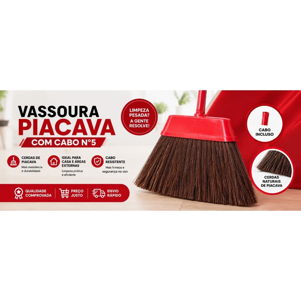 Vassoura de Piaçava  Resistente Cabo longo Varre muito