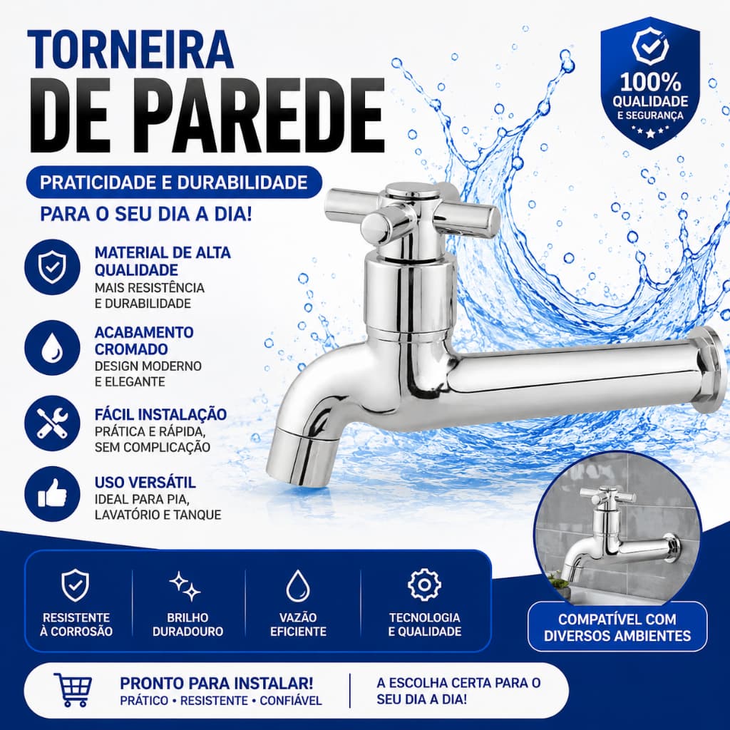 Torneira Abs Cromada Fixa reta De Parede Longa 1/4 Volta para tanque jardim cozinha 18cm