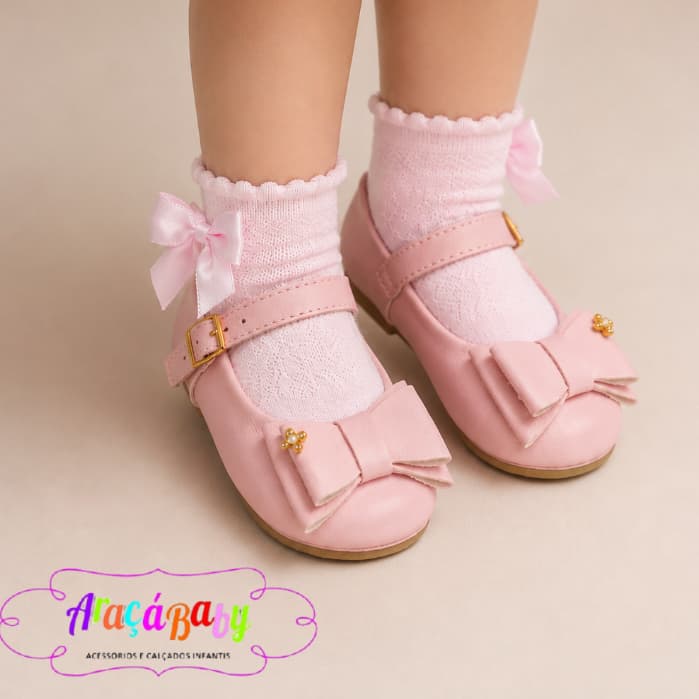 Kit Sapatilha e Meia Laço Soquete Infantil Bebe Menina Delicada Cetim