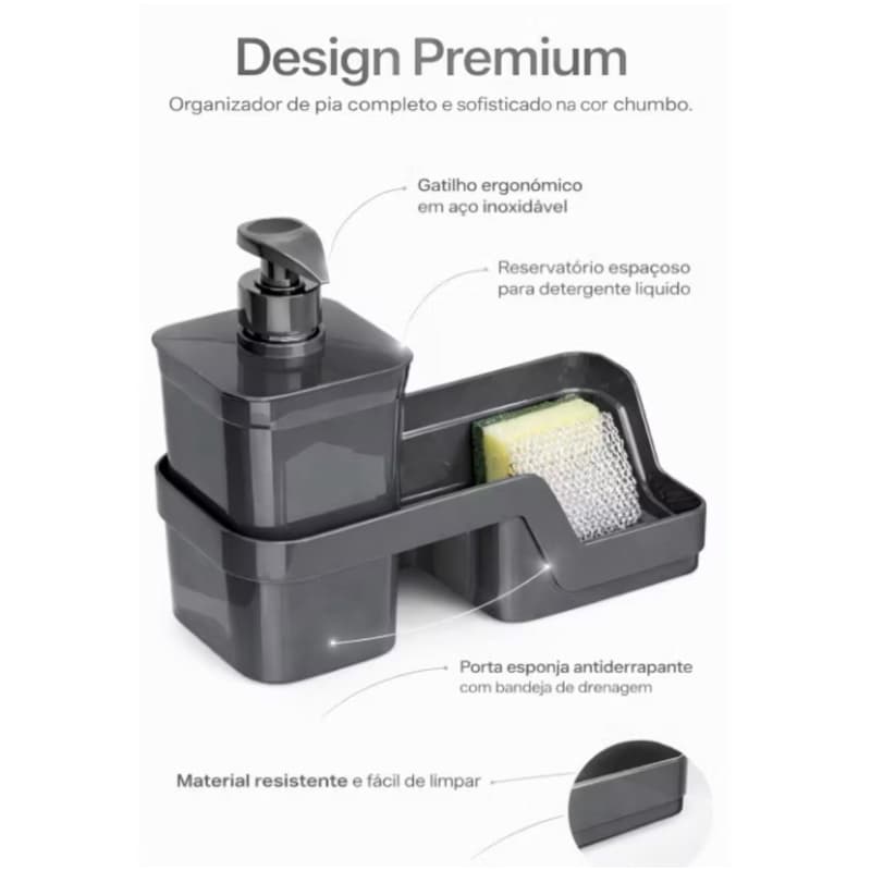 Porta Detergente com Porta Esponja 500ml | Dispenser e Organizador de Pia Cozinha Preto | Branco