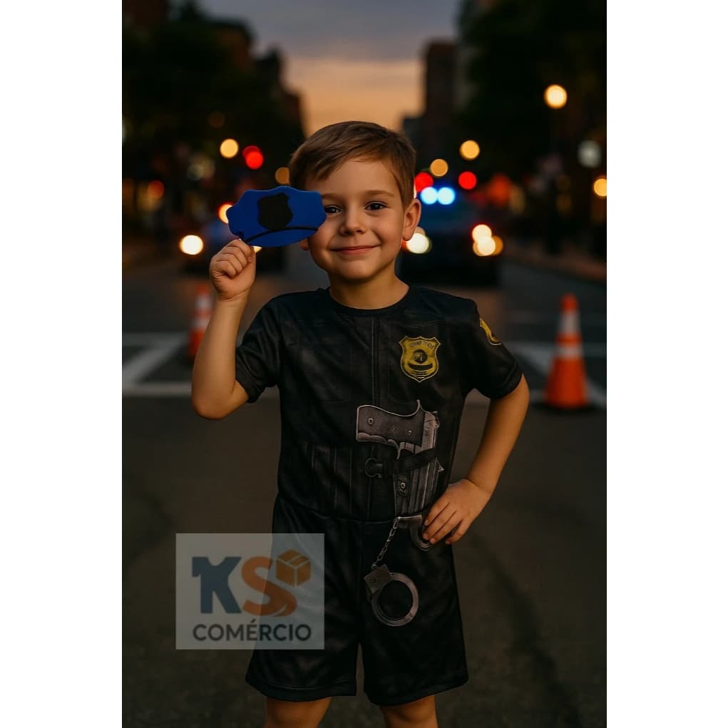 Fantasia Infantil Policial – Macacão Curto - Meninos (2 a 8 Anos) - Pronta Entrega