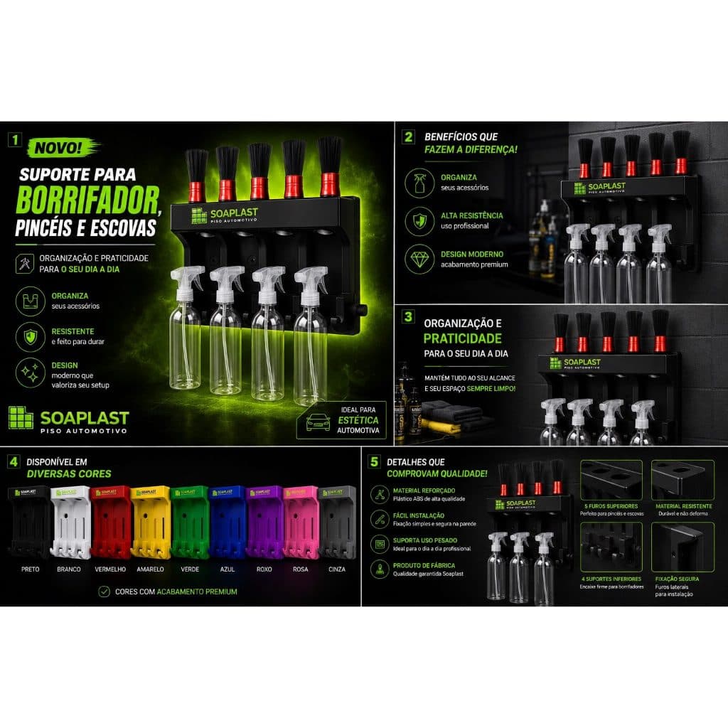 Suporte para Borrifadores e Pincéis Organizador Profissional Estética Automotiva Escovas Detailing