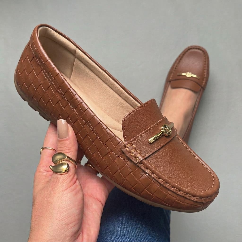 Sapato Modare Mocassim Feminino Confortável Casual Trabalho Texturizado com Fivela Dourada