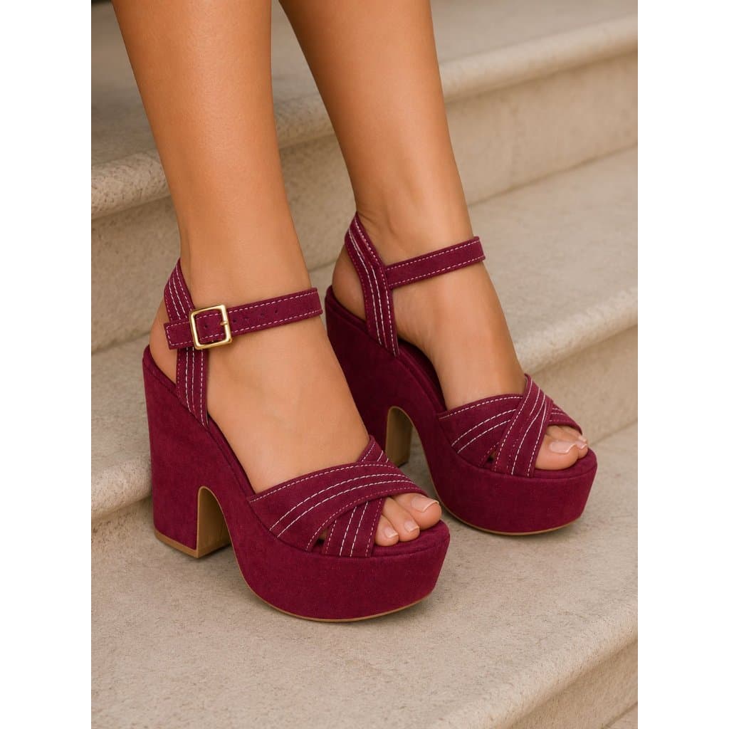 Sandália Plataforma Feminina Salto Alto Grosso Marsala Meia Pata  Elegante Festa Casual Confortável