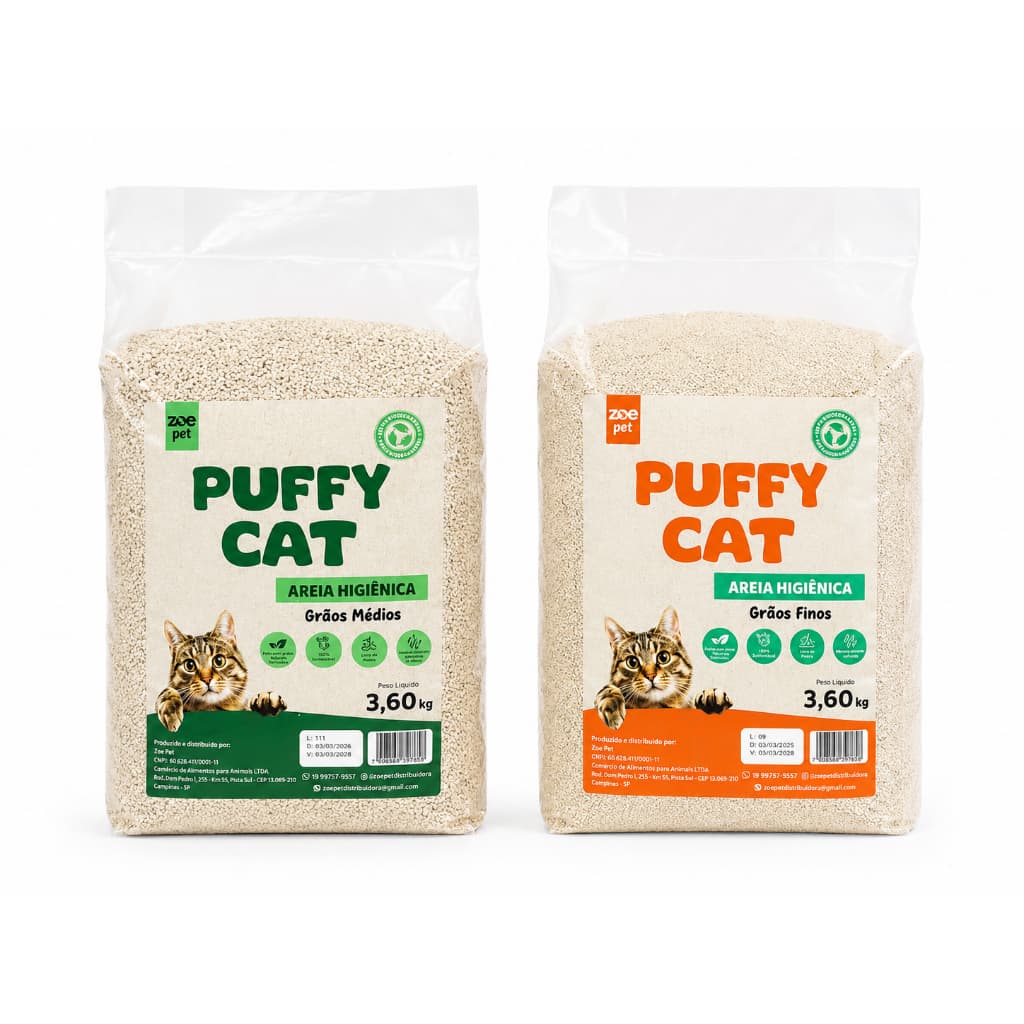 Kit Areia Higiênica para Gatos Grãos Finos + Grãos Médios Puffy Cat