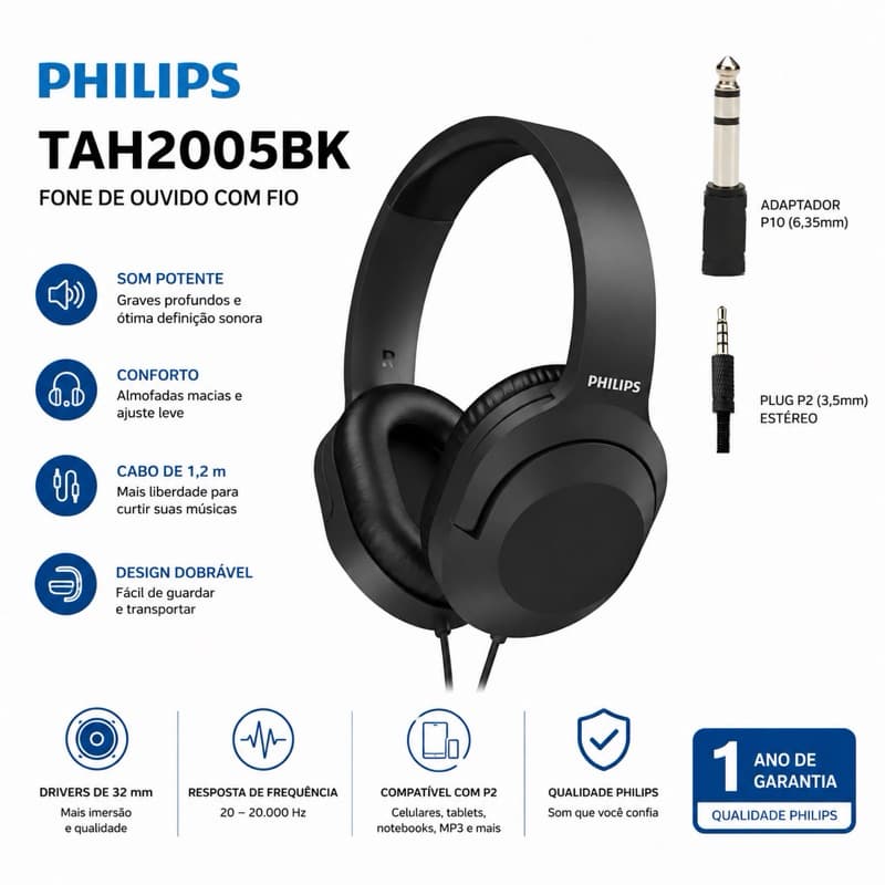 Fone Philips Com Fio Tah2005bk Estudio Retorno De Palco Dj Gravação Com Adaptador P10