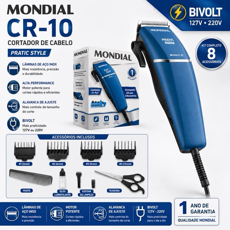 Máquina de Cortar Cabelo e Barba Mondial Aparador de Pelos Corpo Pratic Style CR-10 Laminas Inox  Bivolt Chaveado Viagem