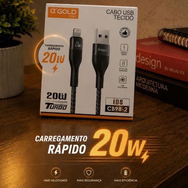 Cabo iPhone Lightning 20W Turbo USB Carregamento Rápido Reforçado Premium iOS