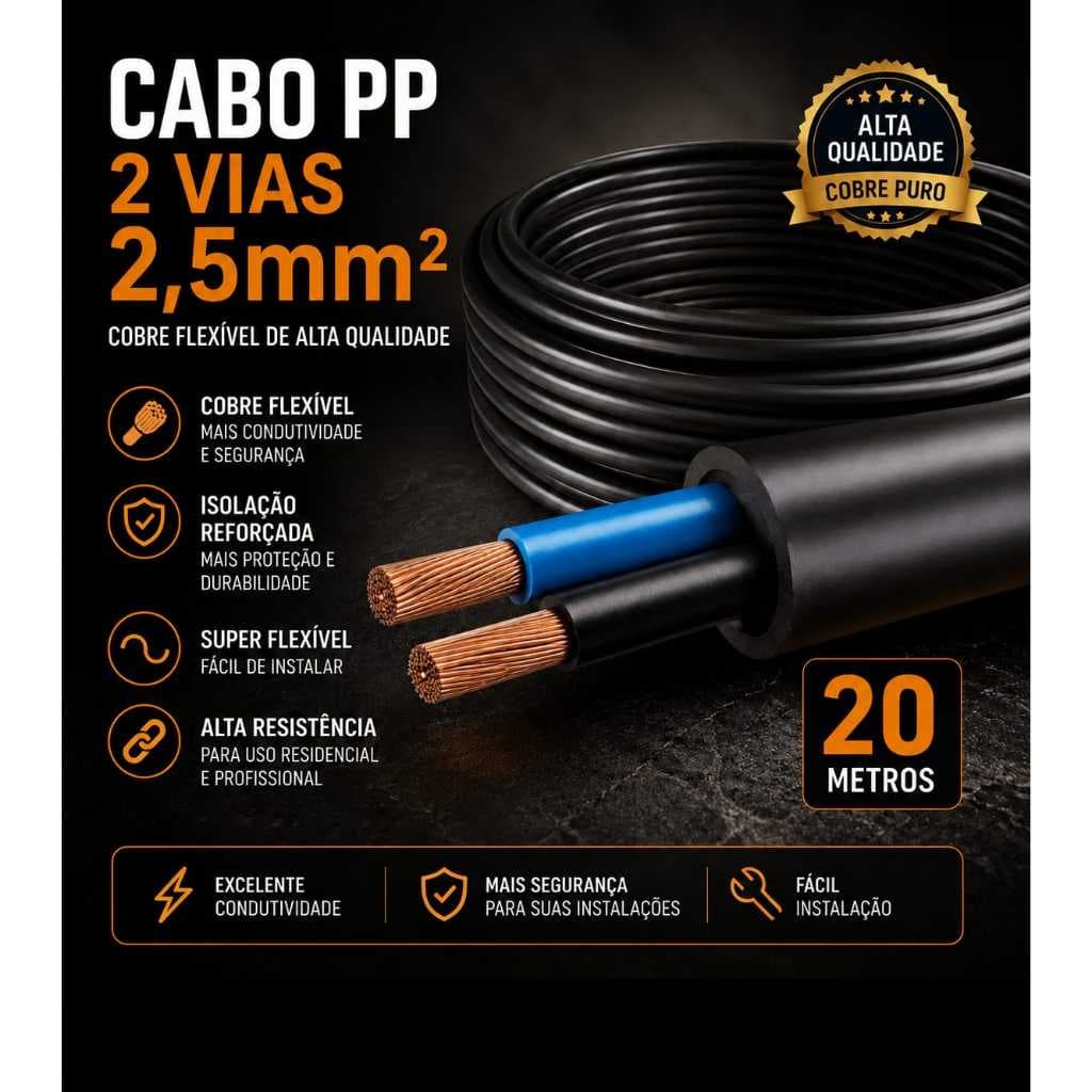 Cabo PP 2 Vias 2,5mm 20m Preto Flexível Alta Resistência Cobre 100%