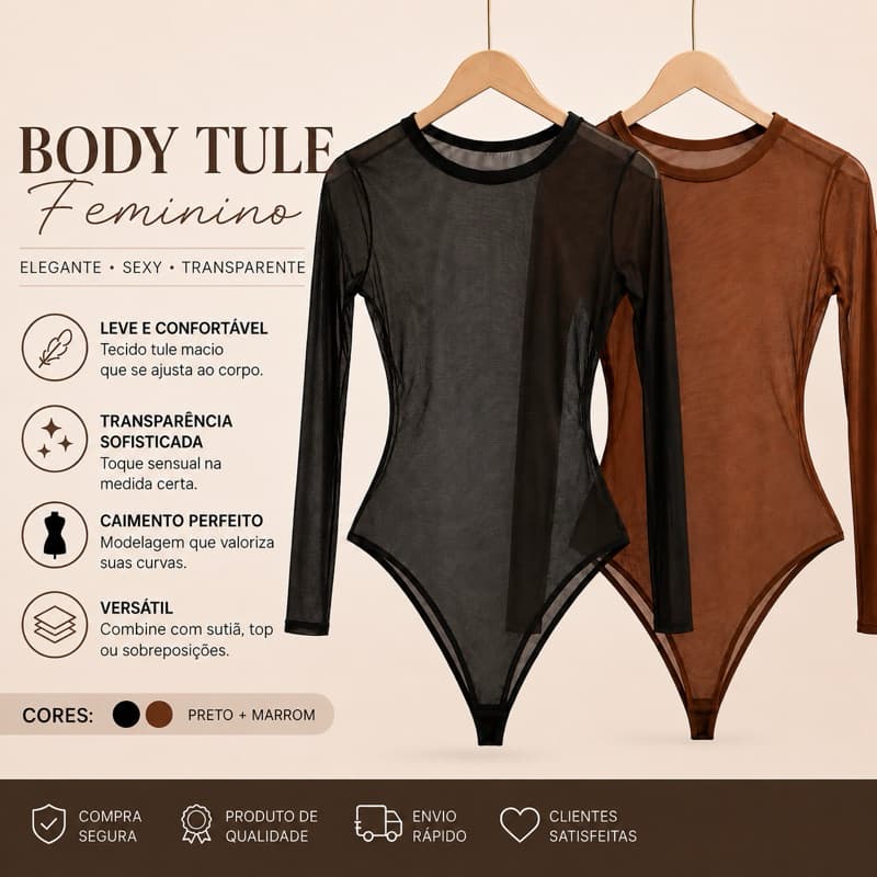 Body Feminino Tule Luxo Blusa Feminina Manga Longa Influencer Bory Boddy Bore